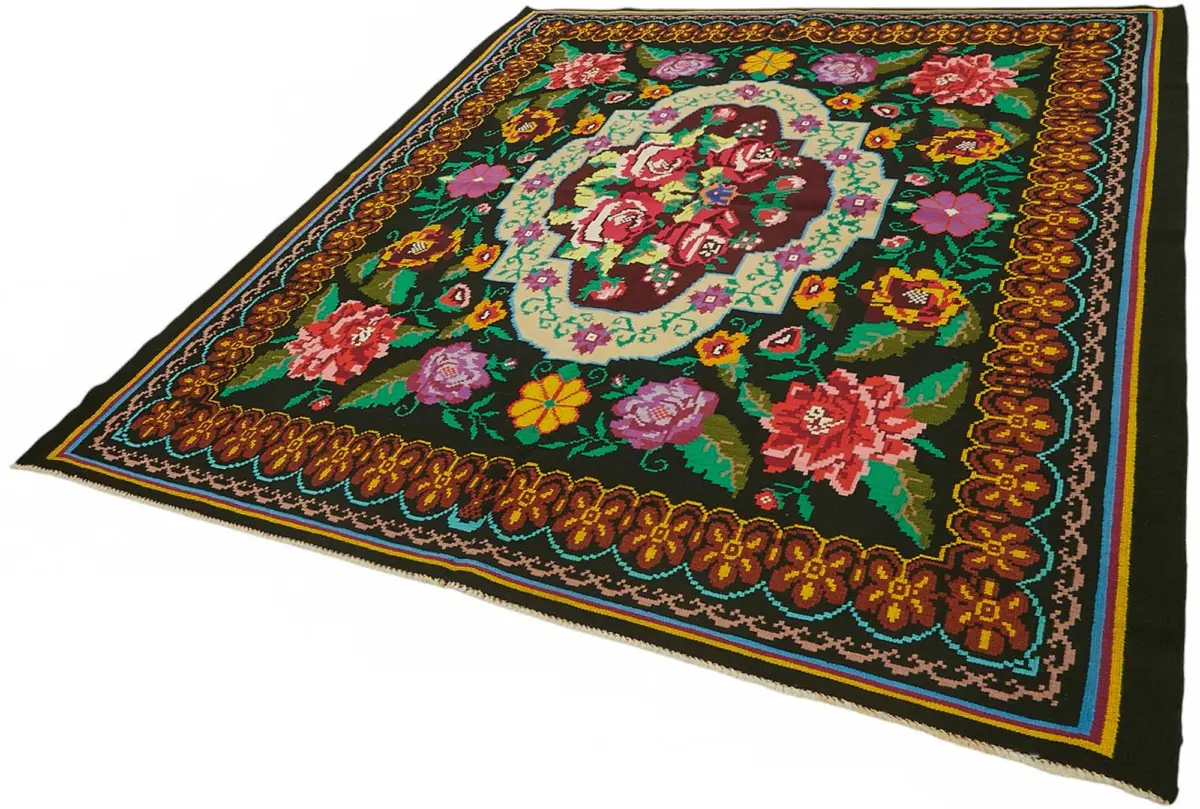 Moldovian Klasik Göbekli Siyah Pamuk Üzerine Yün El Dokuma Kilim-218x255 - Görsel 3