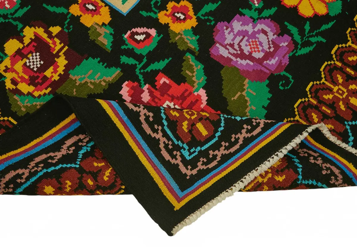 Moldovian Klasik Göbekli Siyah Pamuk Üzerine Yün El Dokuma Kilim-218x255 - Görsel 6
