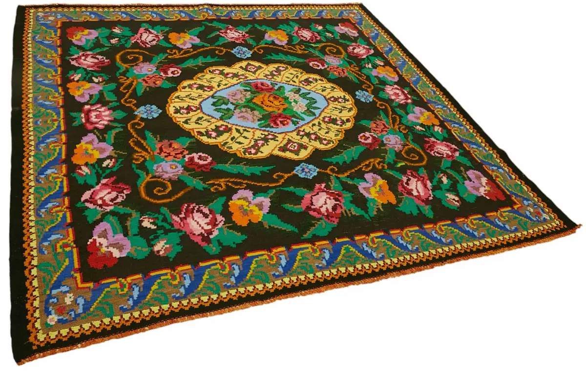 Moldovian Klasik Göbekli Siyah Pamuk Üzerine Yün El Dokuma Kilim-205x213 - Görsel 2