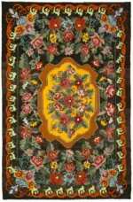 Moldovian Klasik Göbekli Siyah Pamuk Üzerine Yün El Dokuma Kilim-218x336