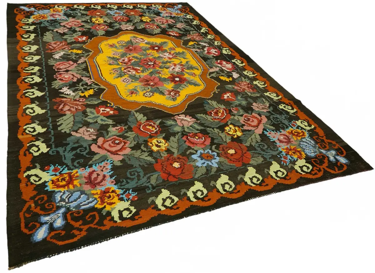 Moldovian Klasik Göbekli Siyah Pamuk Üzerine Yün El Dokuma Kilim-218x336 - Görsel 2