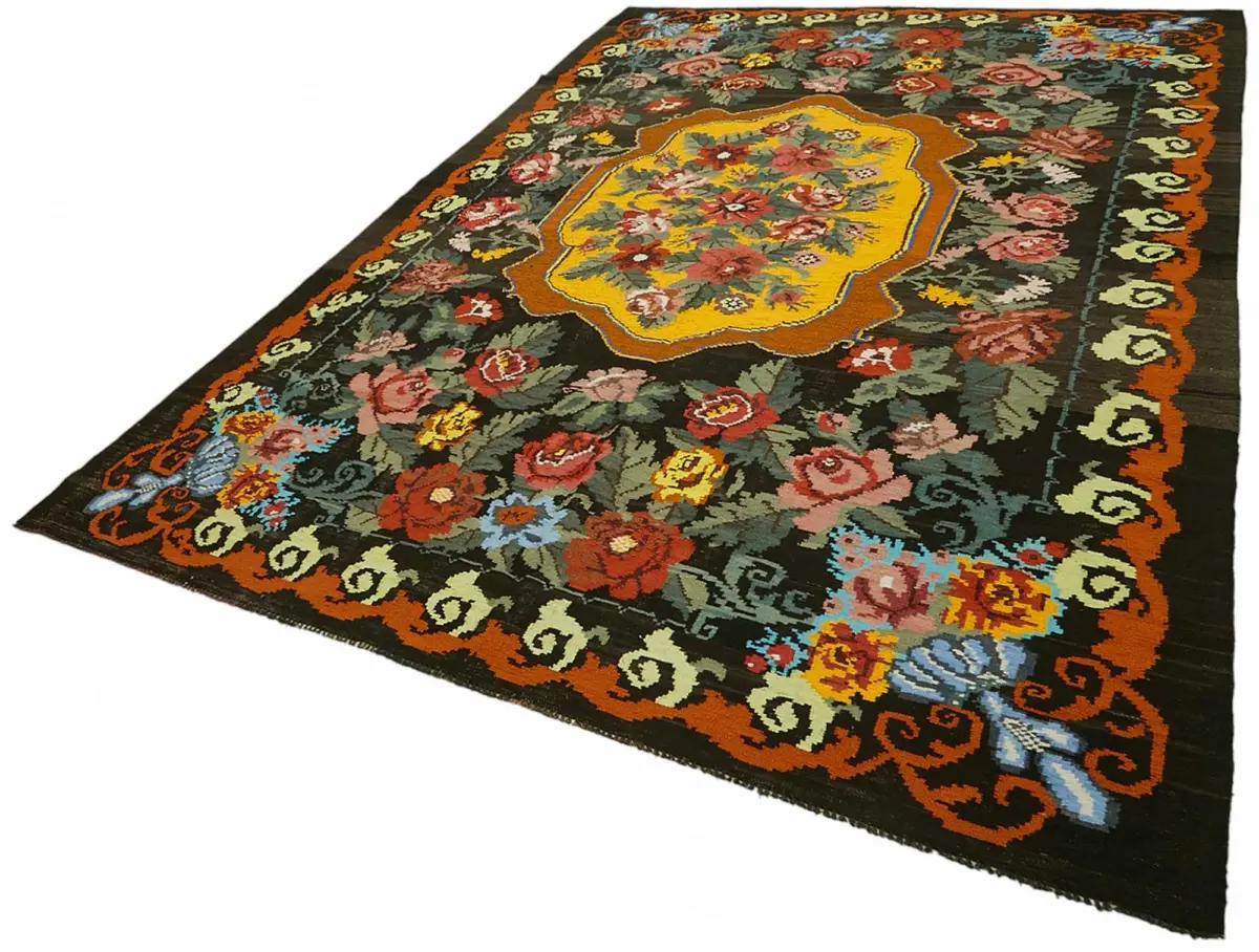 Moldovian Klasik Göbekli Siyah Pamuk Üzerine Yün El Dokuma Kilim-218x336 - Görsel 3