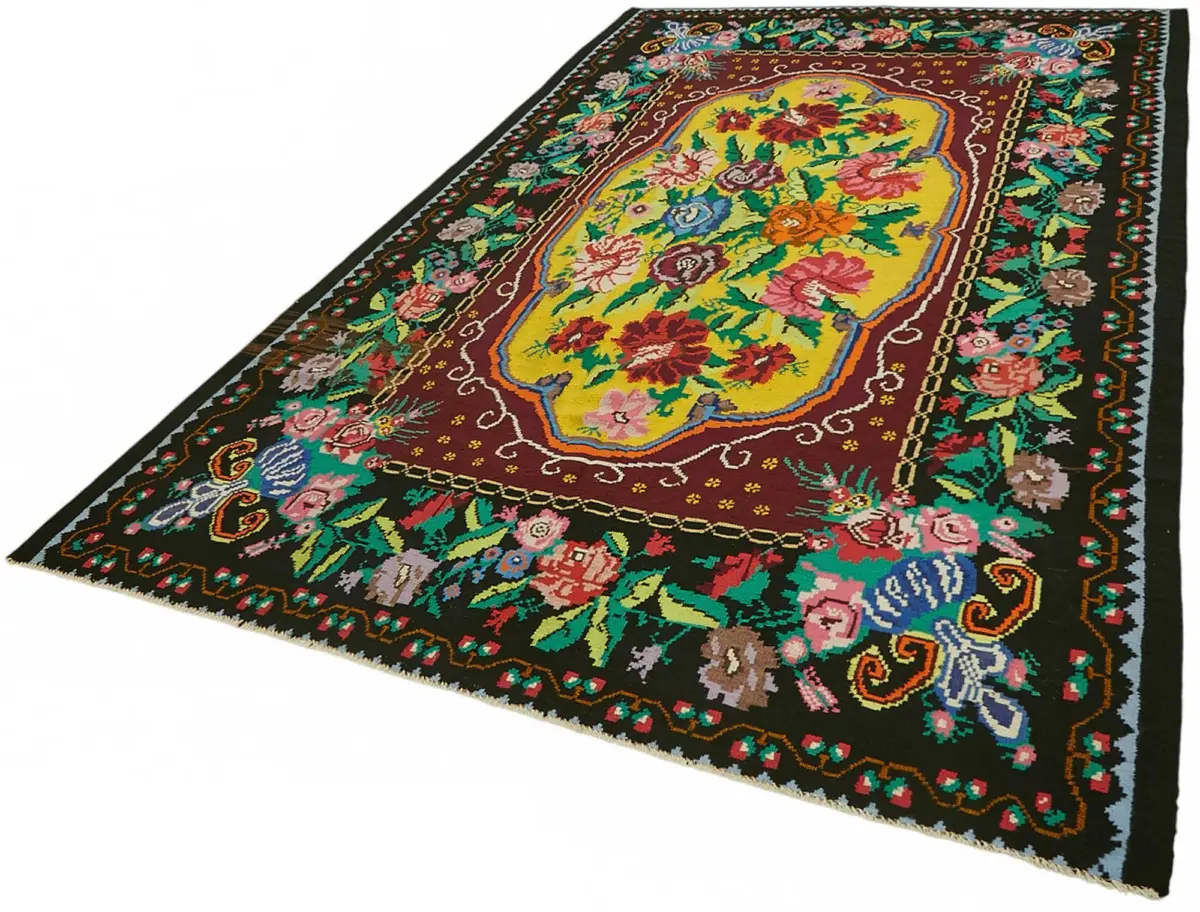 Moldovian Klasik Göbekli Siyah Pamuk Üzerine Yün El Dokuma Kilim-200x320 - Görsel 3