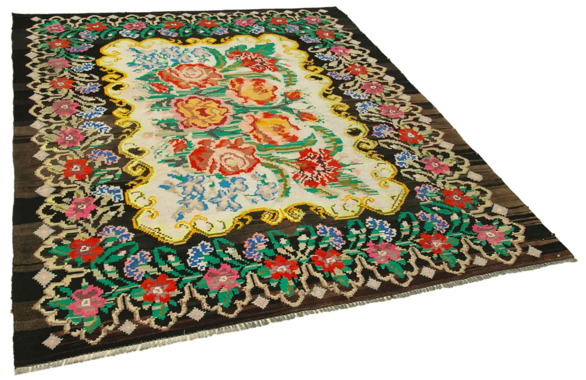 Moldovian Klasik Göbekli Siyah Pamuk Üzerine Yün El Dokuma Kilim-181x211 - Görsel 2