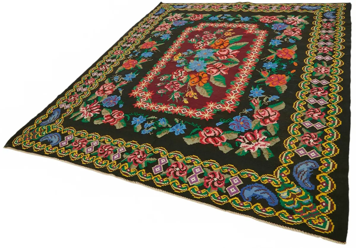 Moldovian Klasik Göbekli Siyah Pamuk Üzerine Yün El Dokuma Kilim-216x274 - Görsel 3