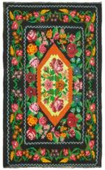 Moldovian Klasik Göbekli Siyah Pamuk Üzerine Yün El Dokuma Kilim-192x310