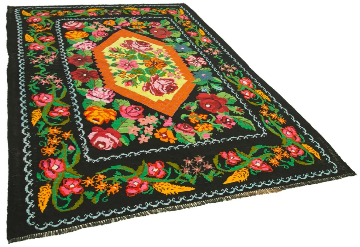 Moldovian Klasik Göbekli Siyah Pamuk Üzerine Yün El Dokuma Kilim-192x310 - Görsel 2