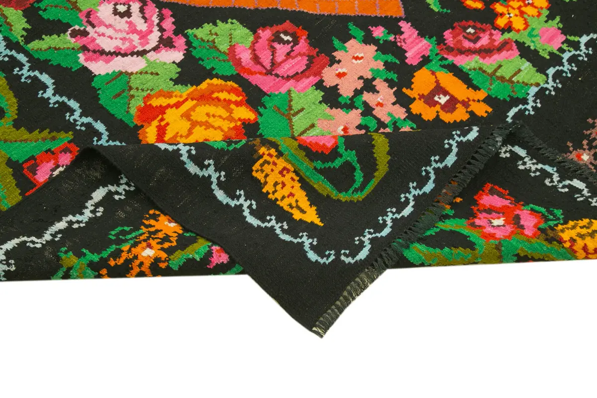 Moldovian Klasik Göbekli Siyah Pamuk Üzerine Yün El Dokuma Kilim-192x310 - Görsel 6