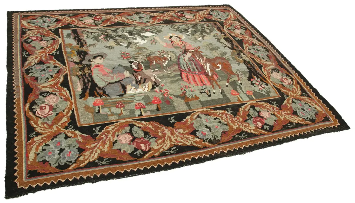 Moldovian Klasik Göbekli Siyah Pamuk Üzerine Yün El Dokuma Kilim-196x214 - Görsel 2