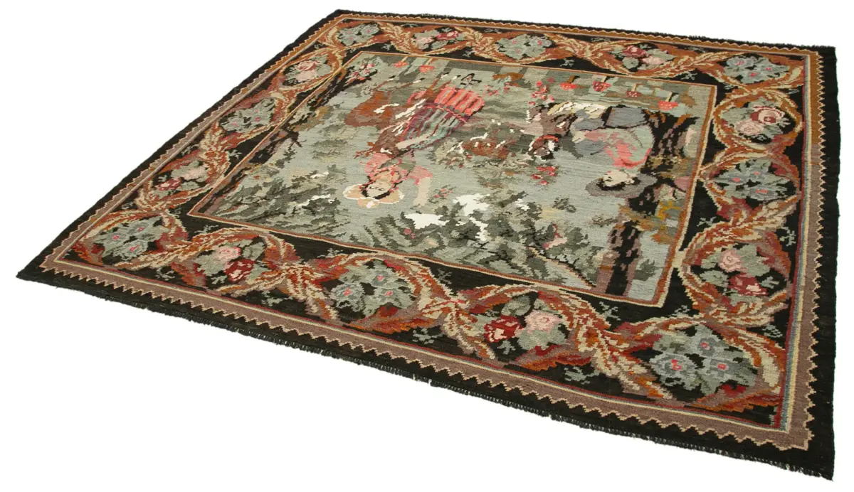 Moldovian Klasik Göbekli Siyah Pamuk Üzerine Yün El Dokuma Kilim-196x214 - Görsel 3