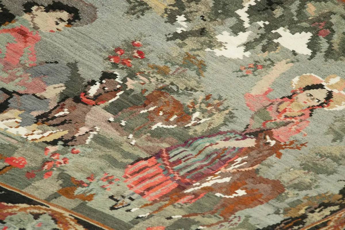 Moldovian Klasik Göbekli Siyah Pamuk Üzerine Yün El Dokuma Kilim-196x214 - Görsel 5