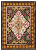 Moldovian Klasik Göbekli Siyah Pamuk Üzerine Yün El Dokuma Kilim-163x220