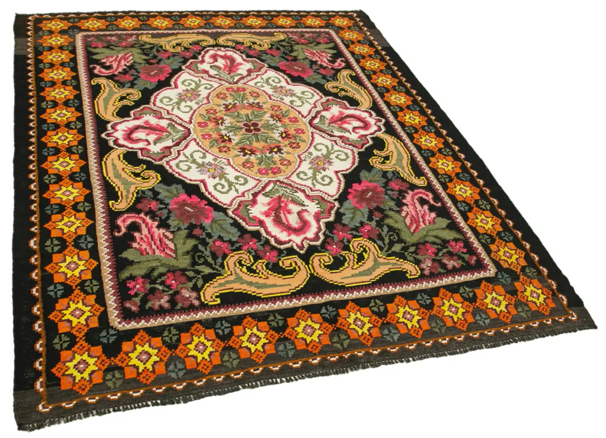Moldovian Klasik Göbekli Siyah Pamuk Üzerine Yün El Dokuma Kilim-163x220 - Görsel 2