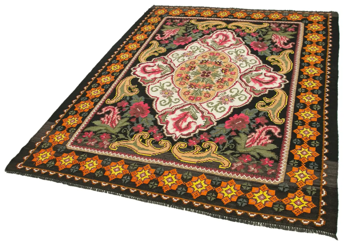 Moldovian Klasik Göbekli Siyah Pamuk Üzerine Yün El Dokuma Kilim-163x220 - Görsel 3
