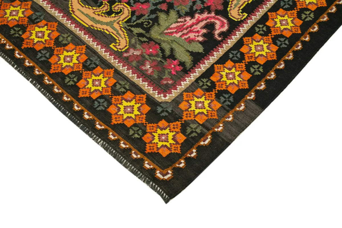 Moldovian Klasik Göbekli Siyah Pamuk Üzerine Yün El Dokuma Kilim-163x220 - Görsel 4