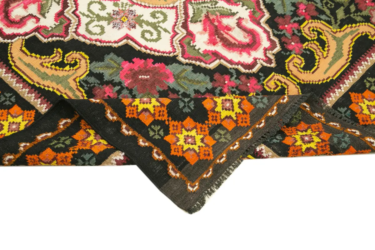 Moldovian Klasik Göbekli Siyah Pamuk Üzerine Yün El Dokuma Kilim-163x220 - Görsel 6
