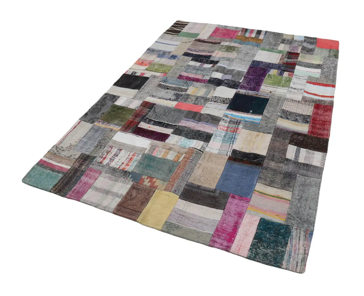 Chaput Patchwork Multi Renk Pamuk Üzerine Yün El Dokuma Kilim-170x241 - Görsel 2