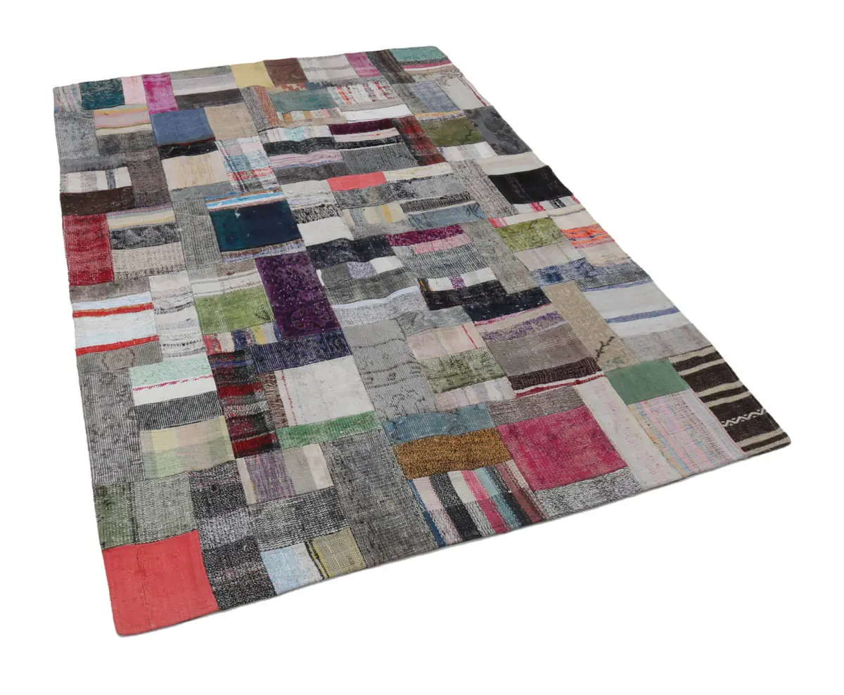 Chaput Patchwork Multi Renk Pamuk Üzerine Yün El Dokuma Kilim-170x241 - Görsel 3