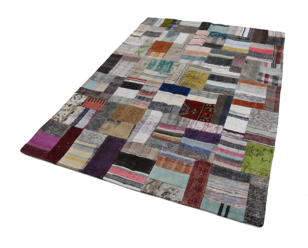 Chaput Patchwork Multi Renk Pamuk Üzerine Yün El Dokuma Kilim-170x240 - Görsel 2