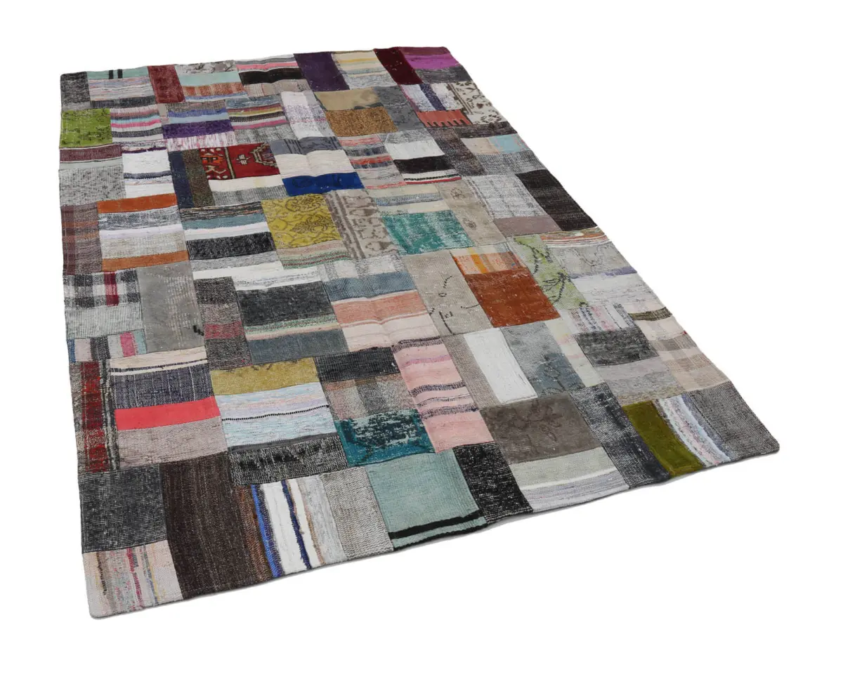 Chaput Patchwork Multi Renk Pamuk Üzerine Yün El Dokuma Kilim-170x240 - Görsel 3