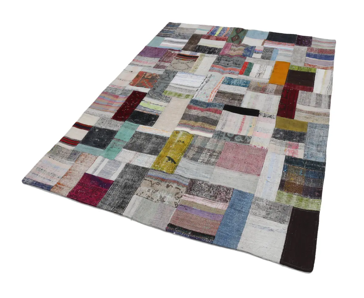 Chaput Patchwork Multi Renk Pamuk Üzerine Yün El Dokuma Kilim-173x238 - Görsel 2
