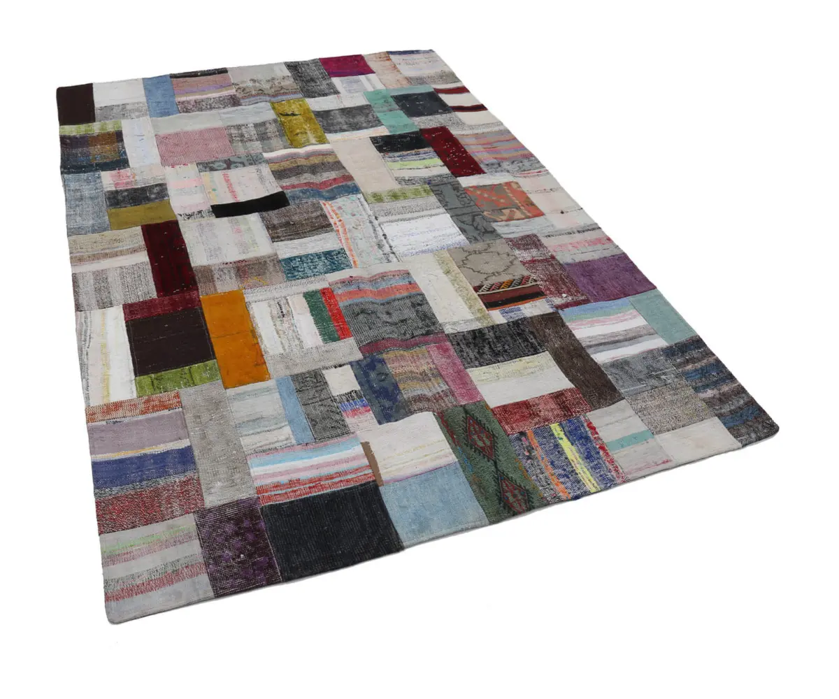 Chaput Patchwork Multi Renk Pamuk Üzerine Yün El Dokuma Kilim-173x238 - Görsel 3