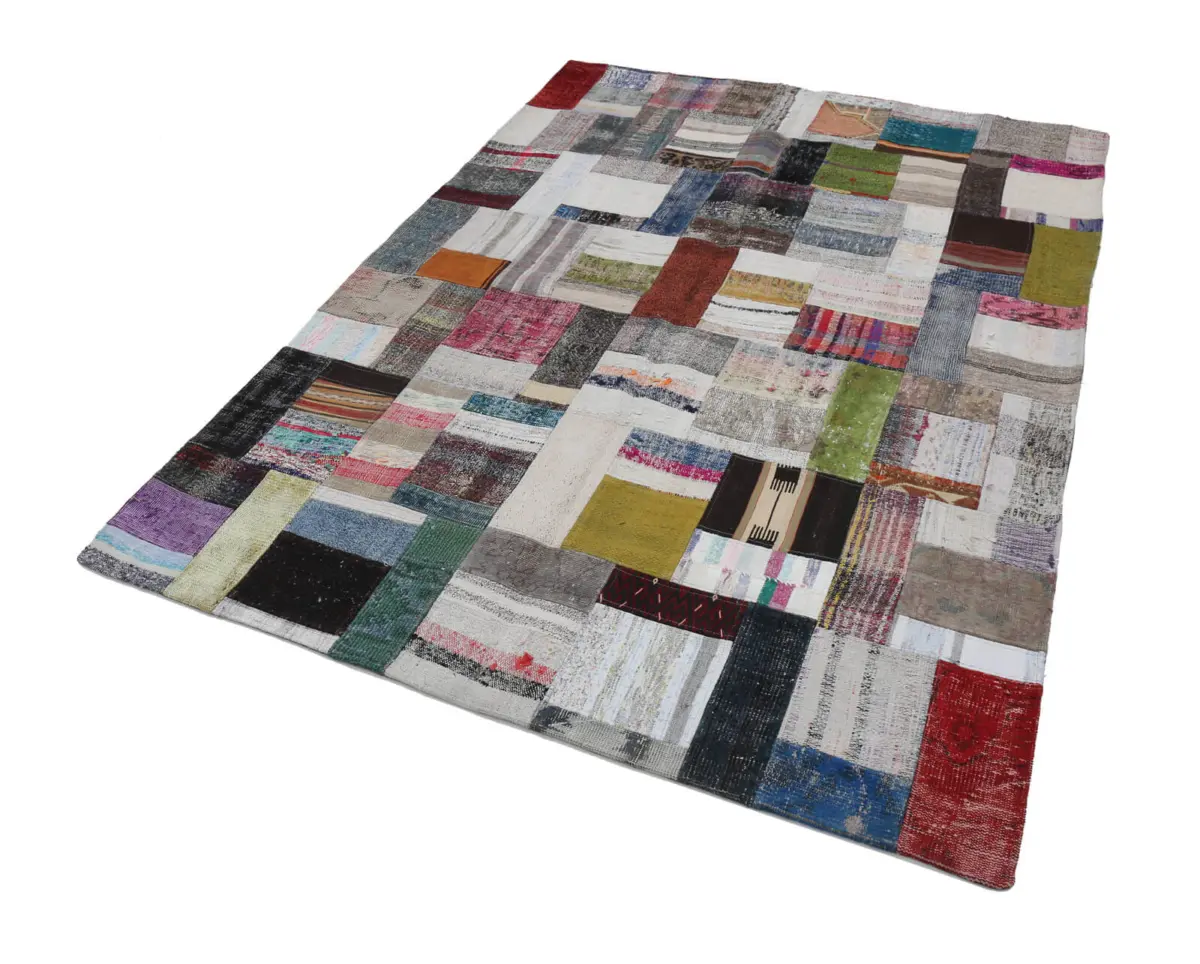 Chaput Patchwork Multi Renk Pamuk Üzerine Yün El Dokuma Kilim-175x240 - Görsel 2