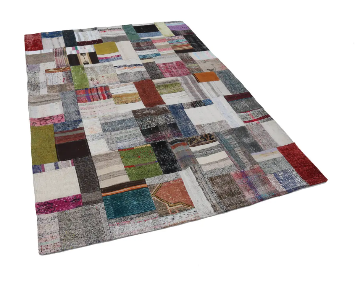 Chaput Patchwork Multi Renk Pamuk Üzerine Yün El Dokuma Kilim-175x240 - Görsel 3