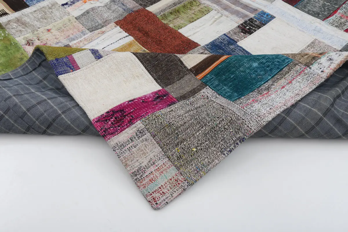 Chaput Patchwork Multi Renk Pamuk Üzerine Yün El Dokuma Kilim-175x240 - Görsel 5