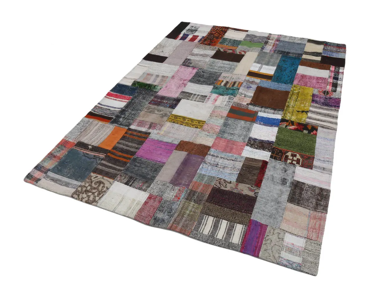 Chaput Patchwork Multi Renk Pamuk Üzerine Yün El Dokuma Kilim-171x241 - Görsel 2