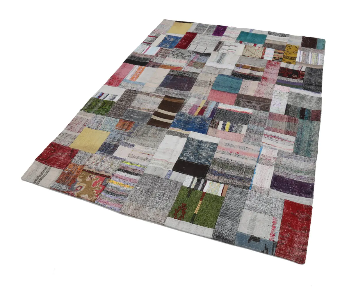 Chaput Patchwork Multi Renk Pamuk Üzerine Yün El Dokuma Kilim-170x240 - Görsel 2