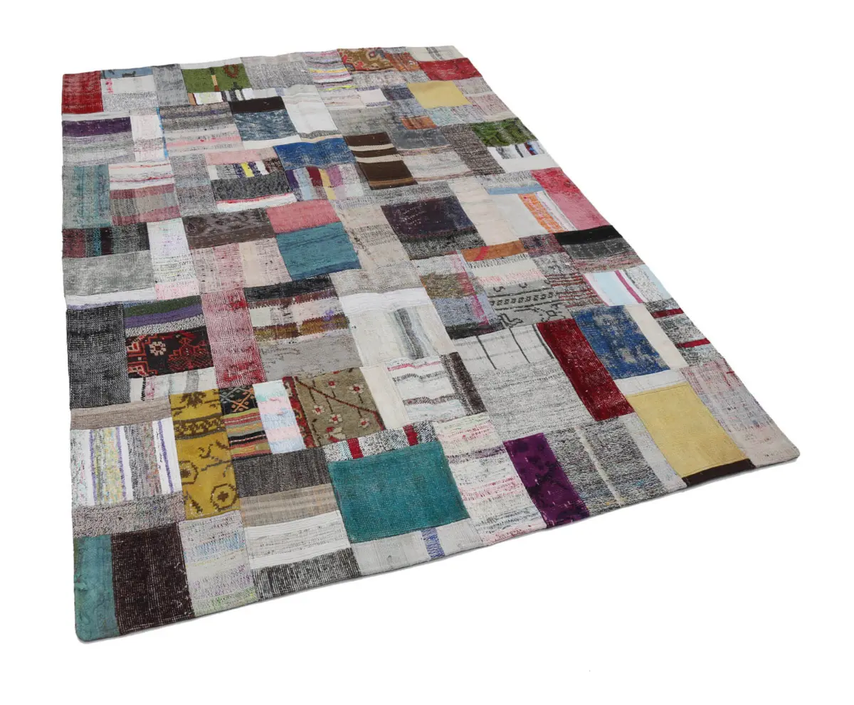 Chaput Patchwork Multi Renk Pamuk Üzerine Yün El Dokuma Kilim-170x240 - Görsel 3