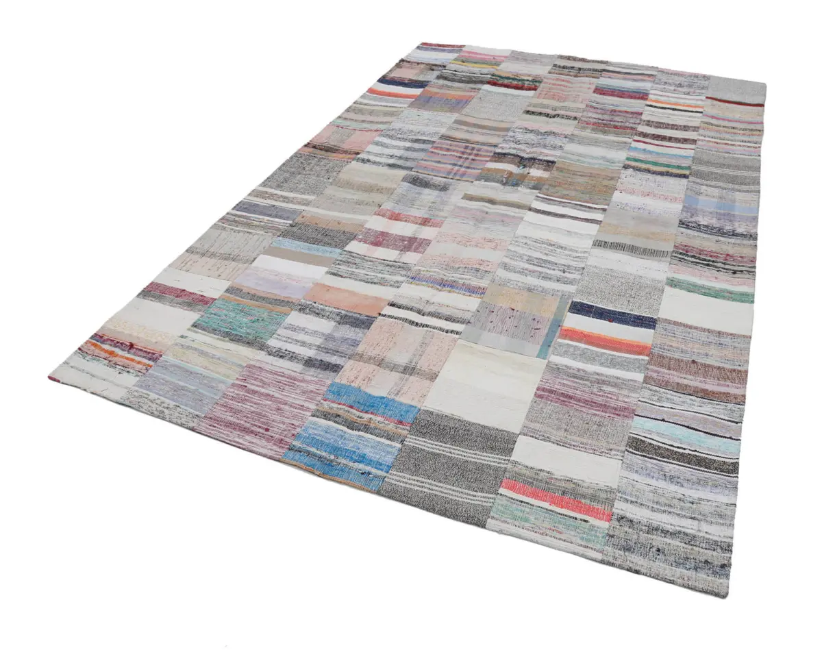 Chaput Patchwork Bej Renk Pamuk Üzerine Yün El Dokuma Kilim-200x302 - Görsel 2