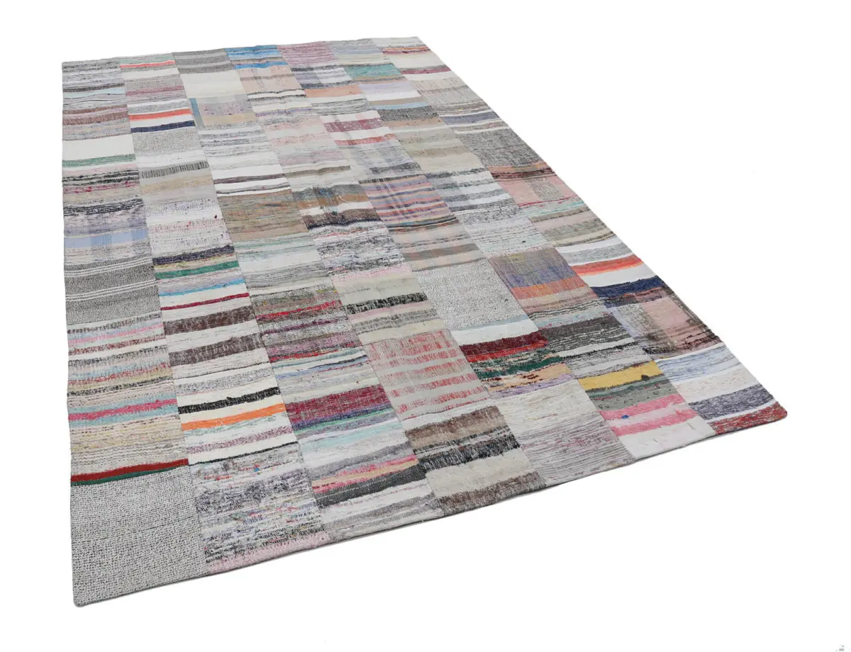 Chaput Patchwork Bej Renk Pamuk Üzerine Yün El Dokuma Kilim-200x302 - Görsel 3