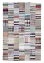 Chaput Patchwork Bej Renk Pamuk Üzerine Yün El Dokuma Kilim-200x298