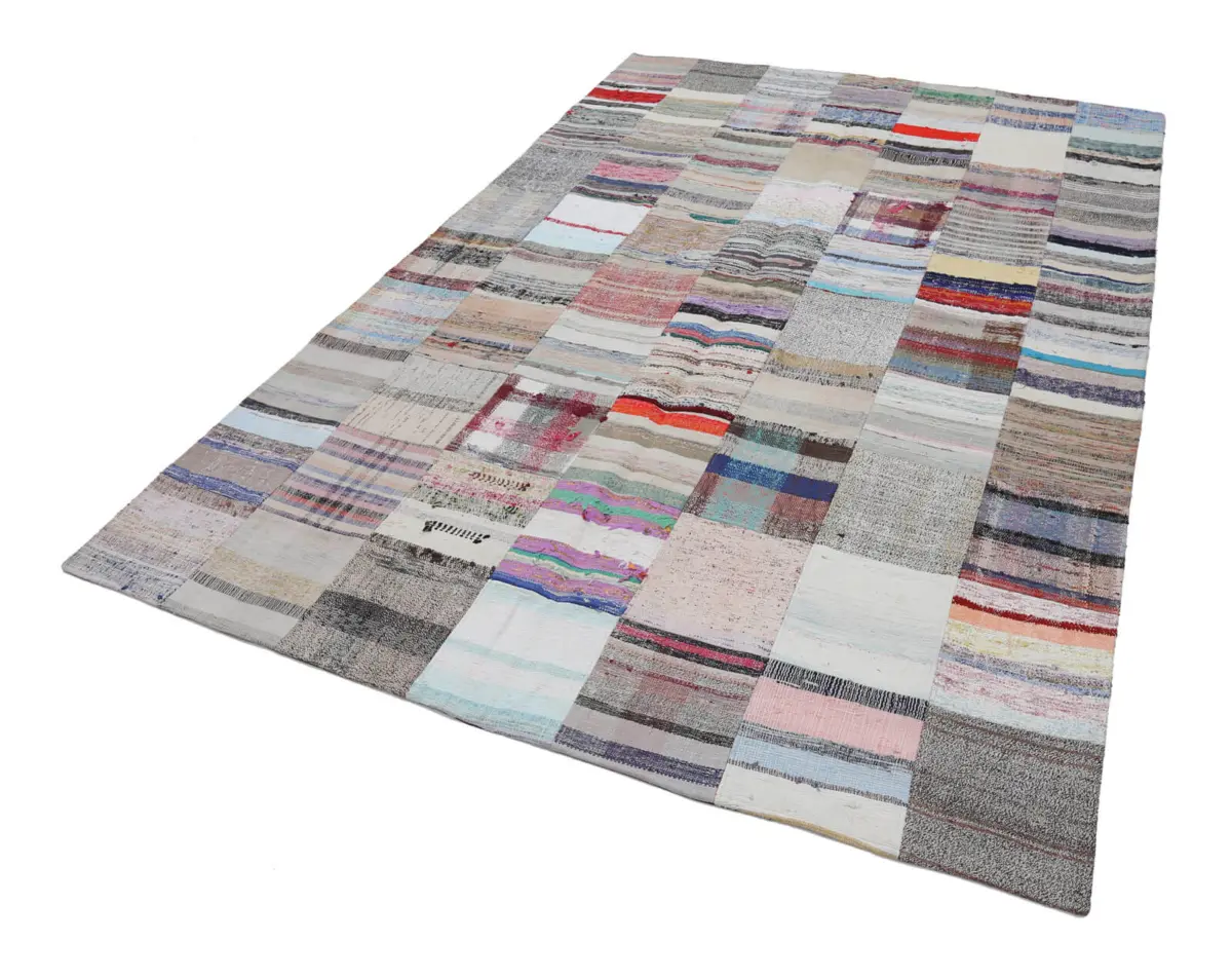 Chaput Patchwork Multi Renk Pamuk Üzerine Yün El Dokuma Kilim-201x299 - Görsel 2