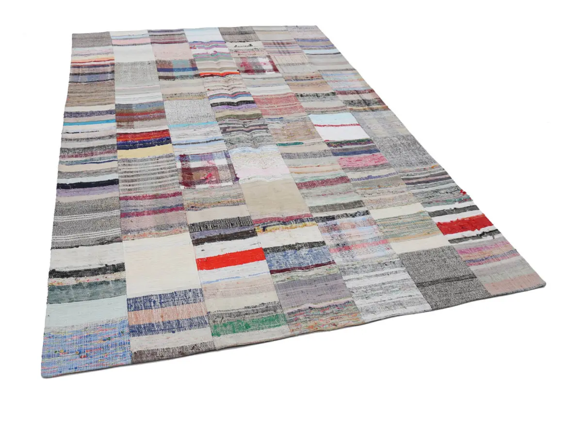 Chaput Patchwork Multi Renk Pamuk Üzerine Yün El Dokuma Kilim-201x299 - Görsel 3