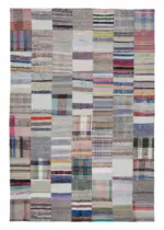 Chaput Patchwork Bej Renk Pamuk Üzerine Yün El Dokuma Kilim-201x300