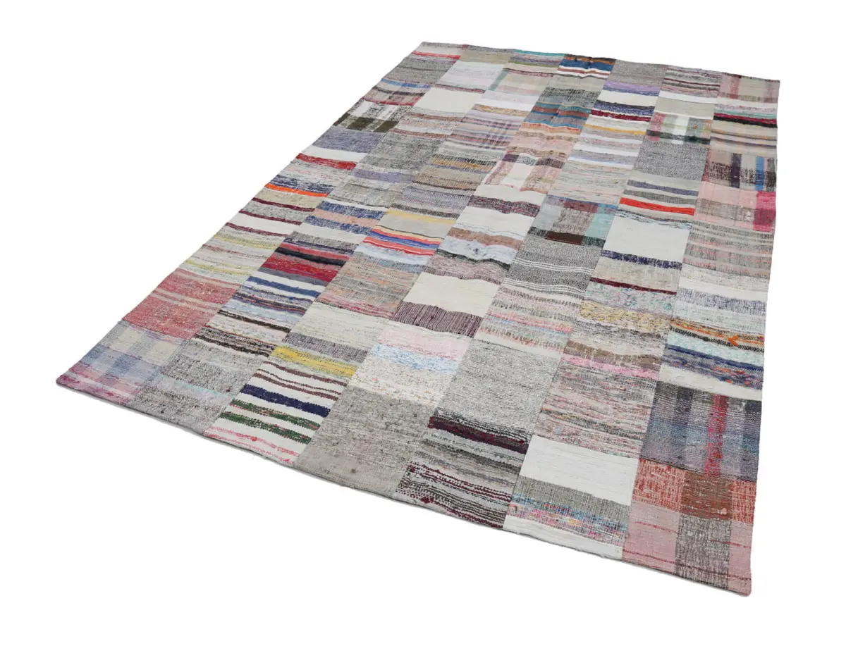 Chaput Patchwork Bej Renk Pamuk Üzerine Yün El Dokuma Kilim-201x300 - Görsel 2