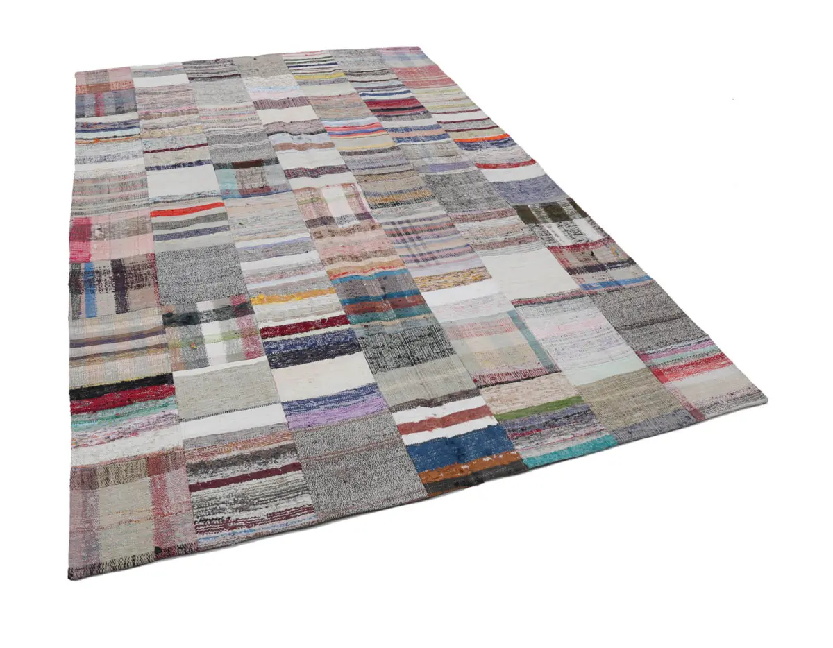 Chaput Patchwork Bej Renk Pamuk Üzerine Yün El Dokuma Kilim-201x300 - Görsel 3