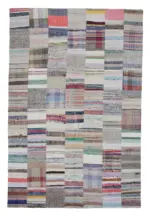 Chaput Patchwork Bej Renk Pamuk Üzerine Yün El Dokuma Kilim-200x300