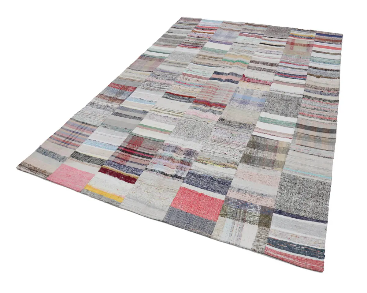 Chaput Patchwork Bej Renk Pamuk Üzerine Yün El Dokuma Kilim-200x300 - Görsel 2