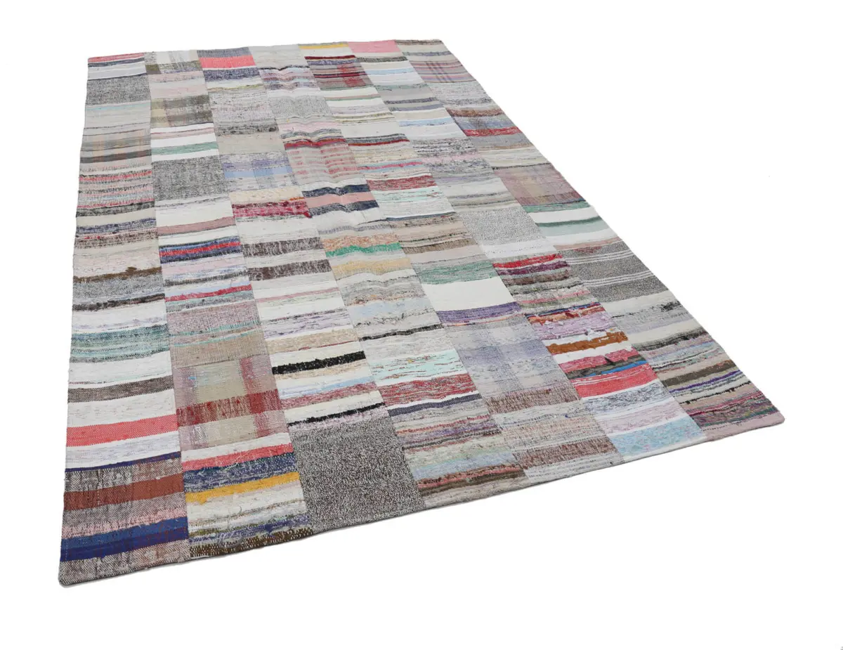 Chaput Patchwork Bej Renk Pamuk Üzerine Yün El Dokuma Kilim-200x300 - Görsel 3