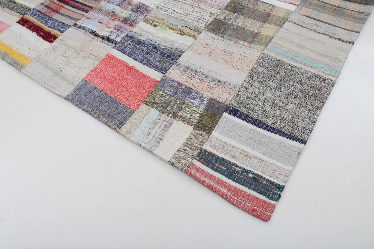 Chaput Patchwork Bej Renk Pamuk Üzerine Yün El Dokuma Kilim-200x300 - Görsel 4