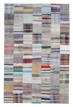 Chaput Patchwork Bej Renk Pamuk Üzerine Yün El Dokuma Kilim-200x302
