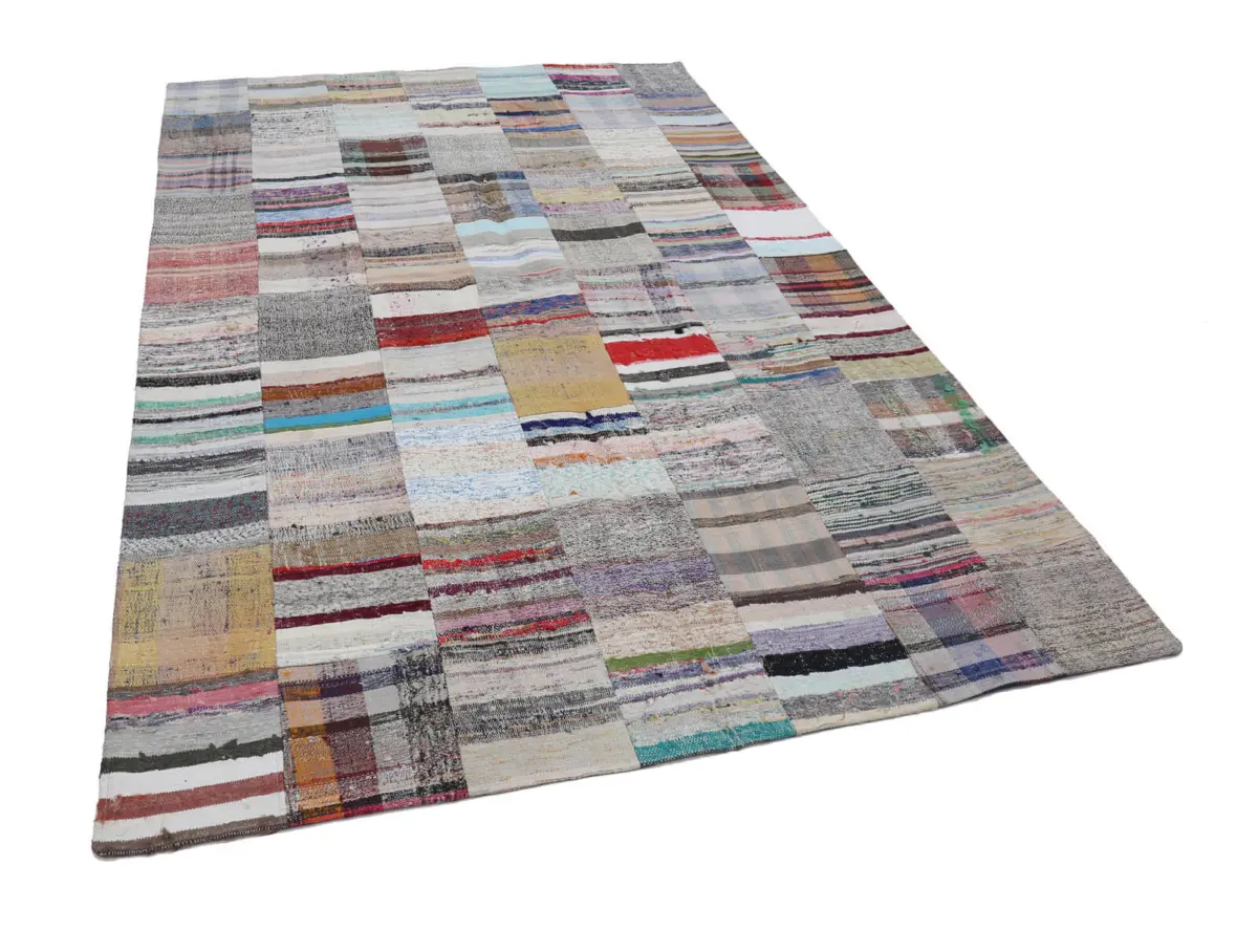 Chaput Patchwork Bej Renk Pamuk Üzerine Yün El Dokuma Kilim-200x302 - Görsel 3