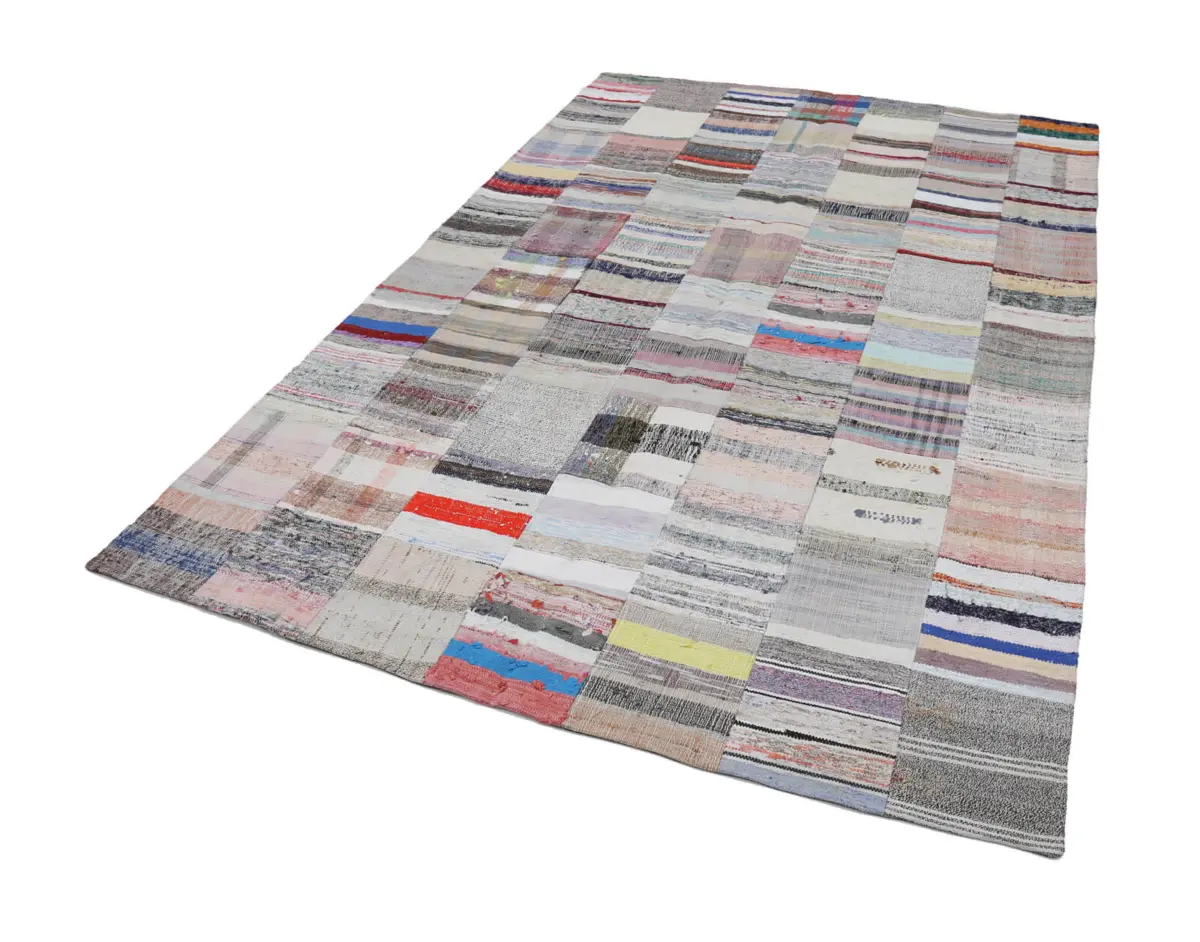 Chaput Patchwork Bej Renk Pamuk Üzerine Yün El Dokuma Kilim-200x303 - Görsel 2
