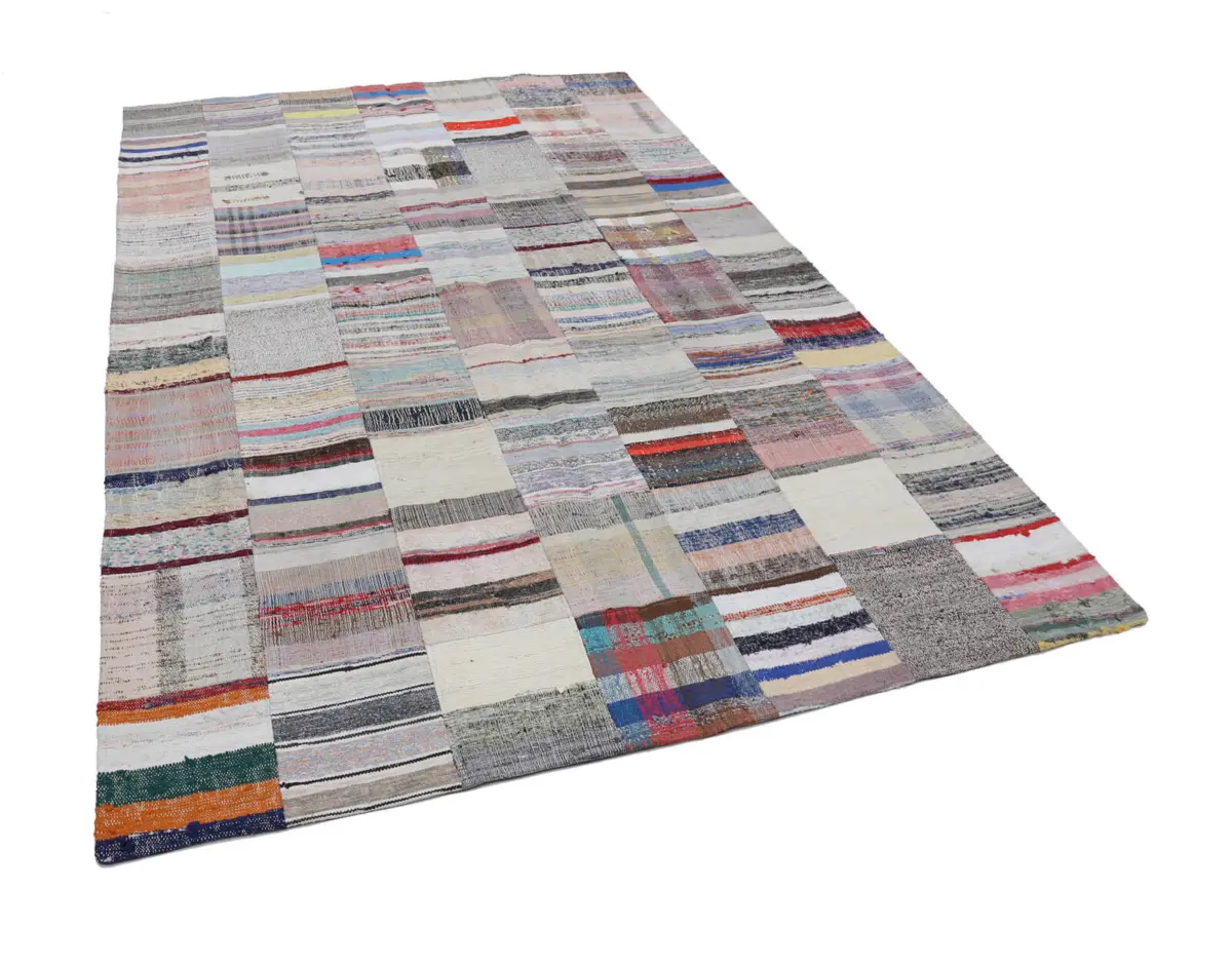 Chaput Patchwork Bej Renk Pamuk Üzerine Yün El Dokuma Kilim-200x303 - Görsel 3