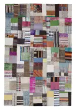 Chaput Patchwork Multi Renk Pamuk Üzerine Yün El Dokuma Kilim-199x303