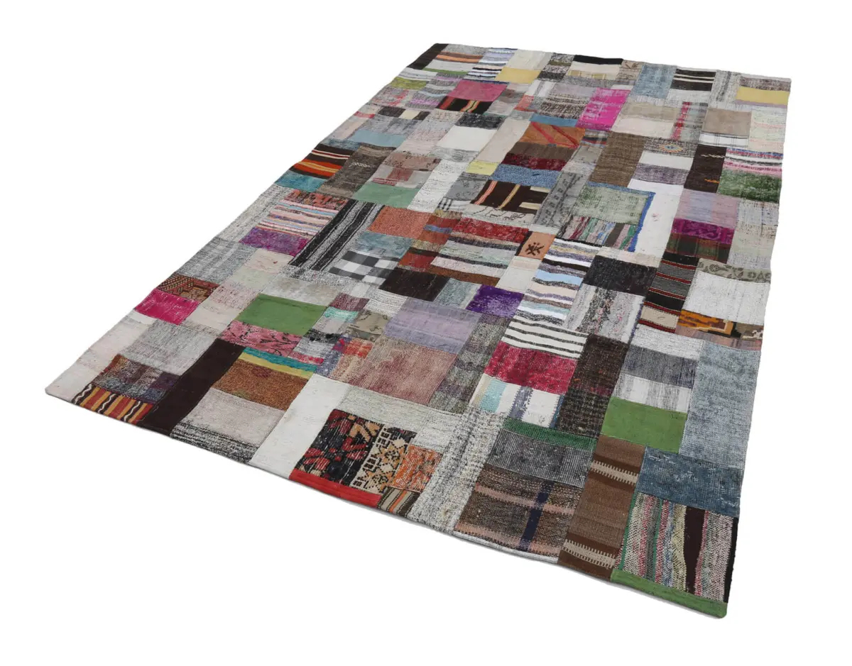 Chaput Patchwork Multi Renk Pamuk Üzerine Yün El Dokuma Kilim-199x303 - Görsel 2